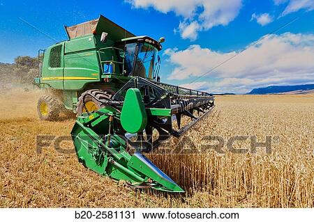 Stock Image - Combine cereal. Agricultural machinery Combine harvester on field of wheat? Learza? estate Near Estella, Navarre, Spain. Fotosearch