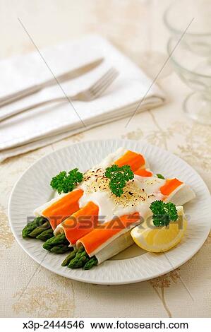 Crab rolls with wild asparagus. View Large Photo Image Stock Photograph - Crab rolls with wild asparagus.. Fotosearch