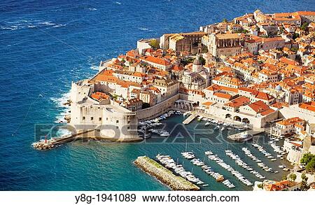 Stock Photo - Croatia - aerial view of Dubrovnik, Old Town harbor, Dalmatia, Croatia, UNESCO.. Fotosearch