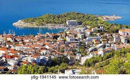 Croatia - Makarska Riviera, aerial view of Makarska Village, Dalmatia, Croatia. View Large Photo Image Stock Photography - Croatia - Makarska Riviera, aerial view of Makarska Village, Dalmatia, Croatia.. Fotosearch