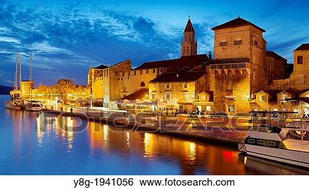 Croatia - Trogir by night, seafront harbor in the Old Town in Trogir, Dalmatia, Croatia, UNESCO. View Large Photo Image Stock Photograph - Croatia - Trogir by night, seafront harbor in the Old Town in Trogir, Dalmatia, Croatia, UNESCO.. Fotosearch