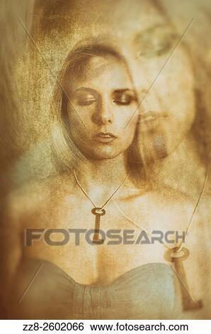 Double exposure portrait of a young woman wearing a key necklace with her eyes closed. View Large Photo Image Stock Photograph - Double exposure portrait of a young woman wearing a key necklace with her eyes closed.. Fotosearch