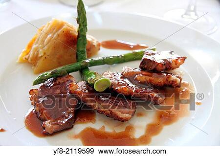 Duck magret with raspberry sauce served on plate View Large Photo Image Stock Photo - Duck magret with raspberry sauce served on plate. Fotosearch