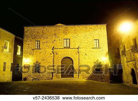 Facade of Episcopal Palace, night view. Santa Maria Square, Caceres, Spain. View Large Photo Image Stock Photo - Facade of Episcopal Palace, night view. Santa Maria Square, Caceres, Spain.. Fotosearch