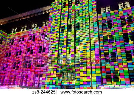 Stock Image - Facade of the Museum of Contemporary Art at Circular Quay lights up during Vivid Sydney 2015.. Fotosearch