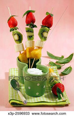 Stock Image - Fruit skewers with yogurt.. Fotosearch
