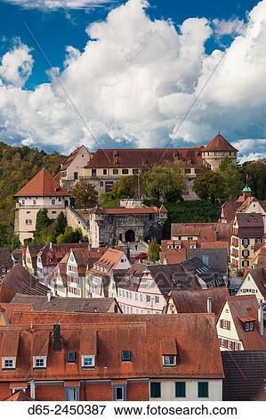 Stock Photo - Germany, Baden-Wurttemburg, Tubingen, elevated town view towards the Schloss Palace.. Fotosearch