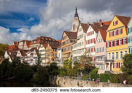 Stock Photography - Germany, Baden-Wurttemburg, Tubingen, old town buildings along the Neckar River.. Fotosearch
