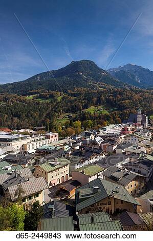 Stock Image - Germany, Bavaria, Berchtesgaden, elevated town view with mountains.. Fotosearch