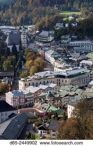 Germany, Bavaria, Berchtesgaden, elevated town view with mountains. View Large Photo Image Stock Image - Germany, Bavaria, Berchtesgaden, elevated town view with mountains.. Fotosearch