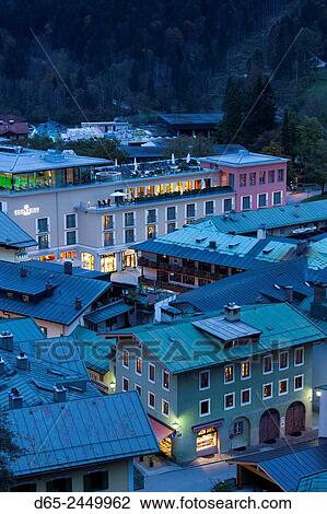Germany, Bavaria, Berchtesgaden, elevated town view with Edelweiss Hotel, dusk. View Large Photo Image Stock Image - Germany, Bavaria, Berchtesgaden, elevated town view with Edelweiss Hotel, dusk.. Fotosearch