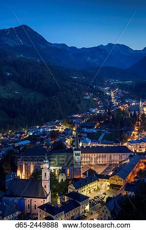 Germany, Bavaria, Berchtesgaden, elevated town view, dusk. View Large Photo Image Stock Photo - Germany, Bavaria, Berchtesgaden, elevated town view, dusk.. Fotosearch