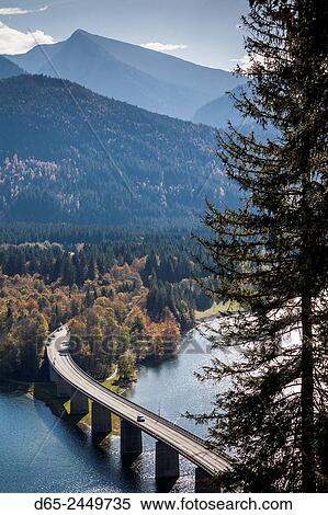 Germany, Bavaria, Fall, Fallerklamm Bridge over the Sylvenstein Lake, elevated view, fall. View Large Photo Image Stock Photography - Germany, Bavaria, Fall, Fallerklamm Bridge over the Sylvenstein Lake, elevated view, fall.. Fotosearch