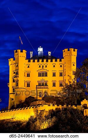 Germany, Bavaria, Hohenschwangau, Schloss Hohenschwangau castle, dawn. View Large Photo Image Stock Image - Germany, Bavaria, Hohenschwangau, Schloss Hohenschwangau castle, dawn.. Fotosearch