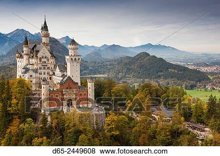 Stock Photo - Germany, Bavaria, Hohenschwangau, Schloss Neuschwanstein castle, elevated view, fall.. Fotosearch