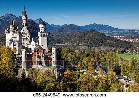 Germany, Bavaria, Hohenschwangau, Schloss Neuschwanstein castle, elevated view, fall. View Large Photo Image Stock Photo - Germany, Bavaria, Hohenschwangau, Schloss Neuschwanstein castle, elevated view, fall.. Fotosearch