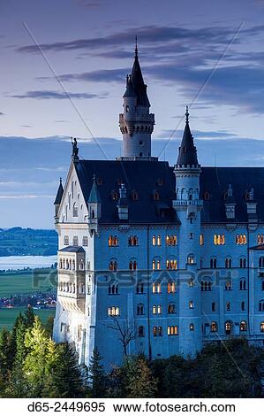 Germany, Bavaria, Hohenschwangau, Schloss Neuschwanstein castle, Marienbrucke bridge view, dusk. View Large Photo Image Stock Photography - Germany, Bavaria, Hohenschwangau, Schloss Neuschwanstein castle, Marienbrucke bridge view, dusk.. Fotosearch