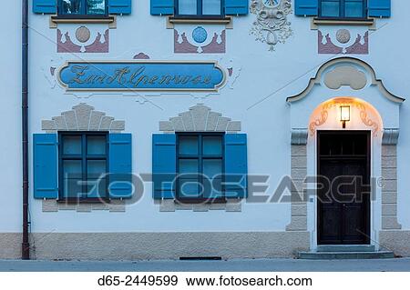 Germany, Bavaria, Hohenschwangau, Zur Alpenrose guesthouse, dawn. View Large Photo Image Stock Photo - Germany, Bavaria, Hohenschwangau, Zur Alpenrose guesthouse, dawn.. Fotosearch