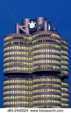 Picture - Germany, Bavaria, Munich, BMW company headquarters, dusk.. Fotosearch