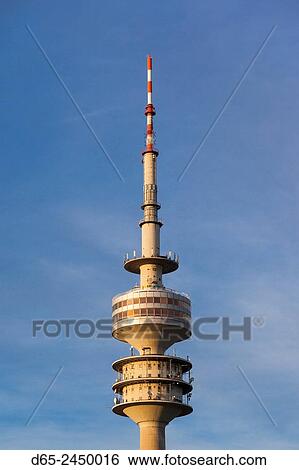 Stock Photograph - Germany, Bavaria, Munich, Olympic Park, Olympia Tower, sunset, fall.. Fotosearch