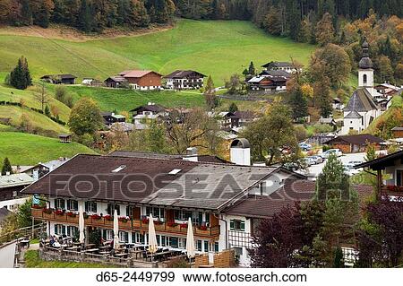 Germany, Bavaria, Ramsau, town elevated view, fall. View Large Photo Image Stock Photo - Germany, Bavaria, Ramsau, town elevated view, fall.. Fotosearch
