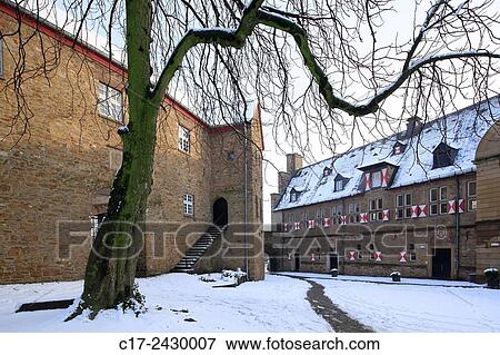 Germany, Muelheim an der Ruhr, Ruhr, Ruhr area, Rhineland, North Rhine-Westphalia, NRW, D-Muelheim-Broich, castle Broich, castle courtyard, wintry, snowy. View Large Photo Image Stock Photo - Germany, Muelheim an der Ruhr, Ruhr, Ruhr area, Rhineland, North Rhine-Westphalia, NRW, D-Muelheim-Broich, castle Broich, castle courtyard, wintry, snowy.. Fotosearch