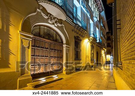 Stock Photography - Historic building at Zaragoza city centre by Night, Saragossa, Aragon, Spain.. Fotosearch