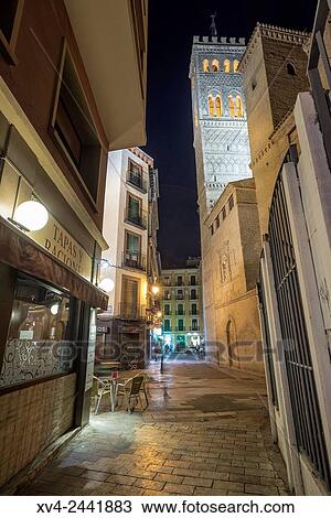 Stock Image - Historic San Gil mudejar tower at Zaragoza city centre by Night, Saragossa, Aragon, Spain.. Fotosearch