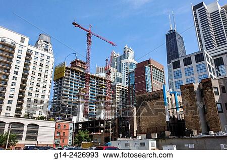 Illinois, Chicago, Near North Side, Downtown, community, area, skyline, skyscrapers, construction crane, new construction, John Hancock Center, tower. View Large Photo Image Stock Image - Illinois, Chicago, Near North Side, Downtown, community, area, skyline, skyscrapers, construction crane, new construction, John Hancock Center, tower.. Fotosearch