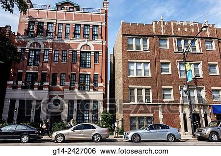 Illinois, Chicago, North Side, Lincoln Park, West Fullerton Avenue, neighborhood, community area, residential, apartment building, parked cars, facade, exterior. View Large Photo Image Stock Photograph - Illinois, Chicago, North Side, Lincoln Park, West Fullerton Avenue, neighborhood, community area, residential, apartment building, parked cars, facade, exterior.. Fotosearch