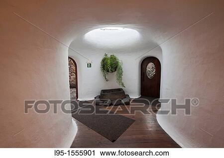 Stock Image - Internal corridors leading to the panoramic view terrace point at Mirador del R? o, by Lanzarote famous architect and artist C? sar Manrique, Lanzarote, Canary Islands, Spain. Fotosearch