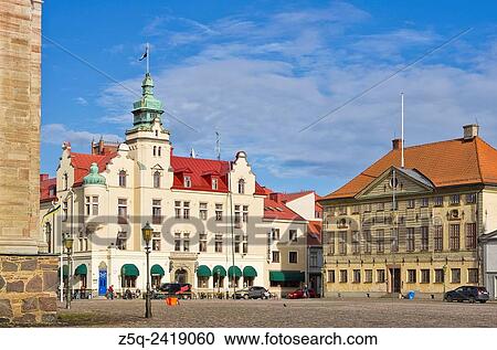 Stock Image - Kalmar, Sweden, view across the Stortorget main place to the city hotel and town hall.. Fotosearch