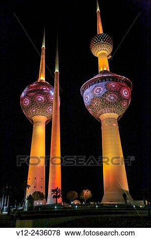 Lights show at Kuwait Towers at night, Kuwait, Kuwait City View Large Photo Image Stock Photo - Lights show at Kuwait Towers at night, Kuwait, Kuwait City. Fotosearch