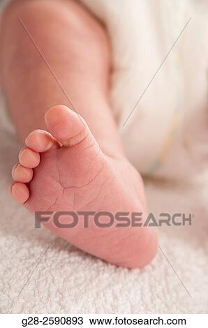 Stock Image - Little leg and foot of baby boy 2weeks old. Fotosearch