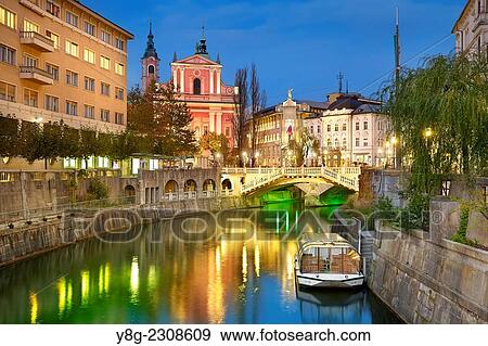 Stock Photo - Ljubljana at evening time, Slovenia.. Fotosearch