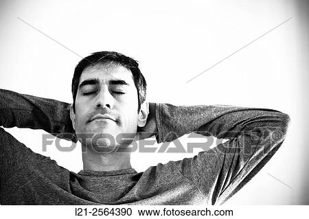 Man resting, he has eyes closed and hands behind head. View Large Photo Image Stock Image - Man resting, he has eyes closed and hands behind head.. Fotosearch