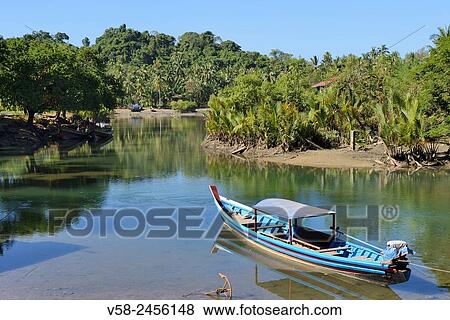 Myanmar, Rakhine State, Fishing boat near Ngapali Beach. View Large Photo Image Stock Photo - Myanmar, Rakhine State, Fishing boat near Ngapali Beach.. Fotosearch