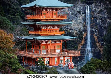 Nachisan Seiganto-ji Temple (Three-Storied Pagoda) and Nachi Waterfall, near Kumano Nachi Taisha Grand Shire, Kumano Kodo, Nakahechi route, Wakayama, Kinki, Japan. View Large Photo Image Stock Photo - Nachisan Seiganto-ji Temple (Three-Storied Pagoda) and Nachi Waterfall, near Kumano Nachi Taisha Grand Shire, Kumano Kodo, Nakahechi route, Wakayama, Kinki, Japan.. Fotosearch