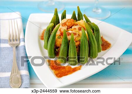 Okra with prawns. View Large Photo Image Stock Photo - Okra with prawns.. Fotosearch
