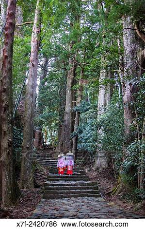 Pilgrims In Heian Period Costumes In Daimon Zaka Slope Access At Kumano Nachi Taisha Grand Shire Kumano Kodo Nakahechi Route Wakayama Kinki Japan Stock Photograph X7f Fotosearch