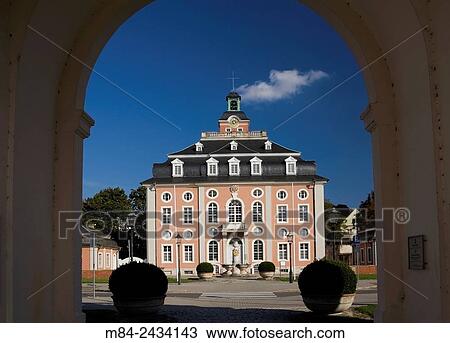 Pink with black roof and white trim Baroque architectural style building through arch, Bruchsal, Germany. View Large Photo Image Stock Image - Pink with black roof and white trim Baroque architectural style building through arch, Bruchsal, Germany.. Fotosearch