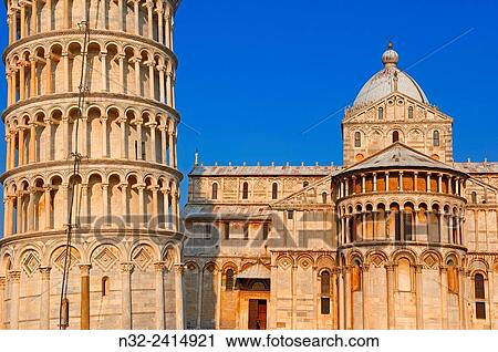 Stock Image - Pisa Cathedral, Duomo, Leaning Tower, Piazza del Duomo, Cathedral Square, Campo dei Miracoli, UNESCO world heritage site, Tuscany, Italy.. Fotosearch