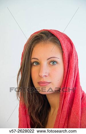 Portrait of blonde young woman wearing red shawl. View Large Photo Image Stock Image - Portrait of blonde young woman wearing red shawl.. Fotosearch