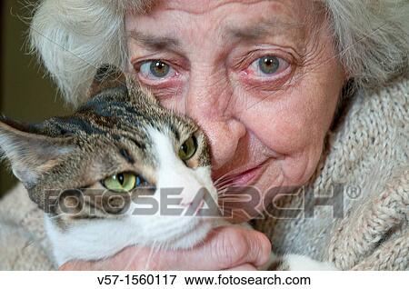 Portrait of old woman hugging her cat, looking at the camera. Close view. View Large Photo Image Stock Photo - Portrait of old woman hugging her cat, looking at the camera. Close view.. Fotosearch