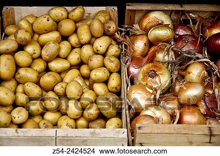 Picture - Potatos and Onions at Grado street market, Asturias, Spain.. Fotosearch