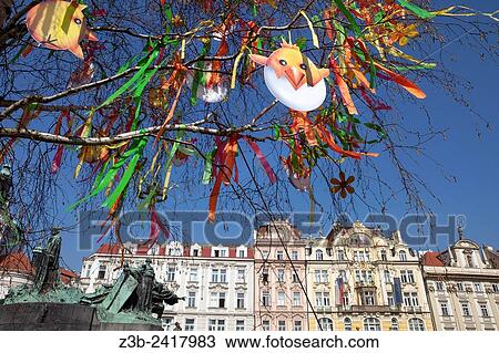 Stock Image - Prague, Czech Republic, historical center listed as World Heritage by UNESCO, the old town Stare Mesto, Easter decorations in Old Town Square Staromestske namesti, Europe.. Fotosearch