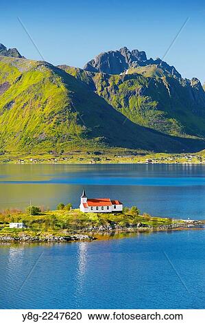 Red church on Austnesfjord, Lofoten Islands, Norway. View Large Photo Image Stock Image - Red church on Austnesfjord, Lofoten Islands, Norway.. Fotosearch