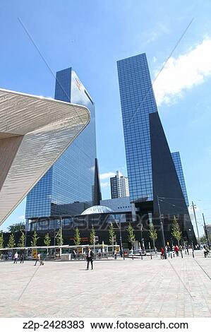 Stock Image - ROTTERDAM, NETHERLANDS - JUNE 6: City skyline and Rotterdam Centraal Station, an important transport hub with 110000 passengers per day on JUNE 6, 2014 in Rotterdam, Holland.. Fotosearch