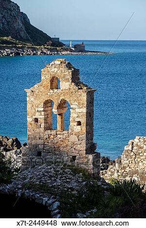 Ruined church on the coast at Limeni, in the. Mani peninsular Laconia, Southern Peloponnese, Greece. View Large Photo Image Stock Photo - Ruined church on the coast at Limeni, in the. Mani peninsular Laconia, Southern Peloponnese, Greece.. Fotosearch