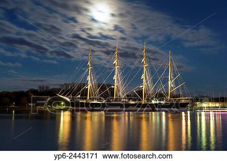 sailing ship Passat with moon at night, Travem? nde, Schleswig-Holstein, Germany. View Large Photo Image Stock Image - sailing ship Passat with moon at night, Travem? nde, Schleswig-Holstein, Germany.. Fotosearch